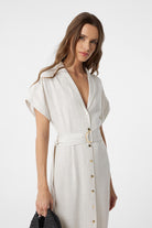 Antioch-Ekru Keten Karışımlı Kemerli Kadın Elbise-Elbise-3-Milagron.com