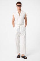 Antioch-Ekru Keten Karışımlı Kolsuz Erkek Gömlek-Gömlek-3-Milagron.com