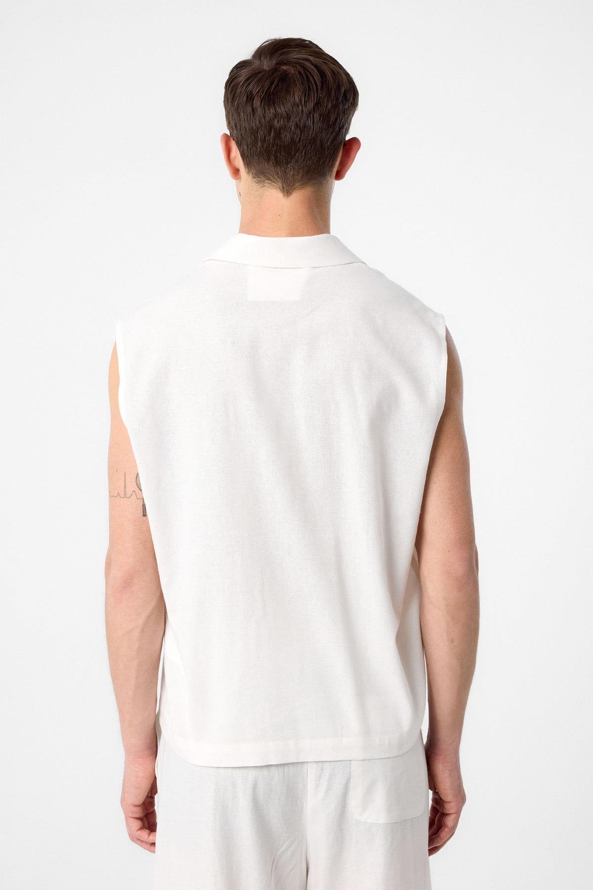 Antioch-Ekru Keten Karışımlı Kolsuz Erkek Gömlek-Gömlek-4-Milagron.com