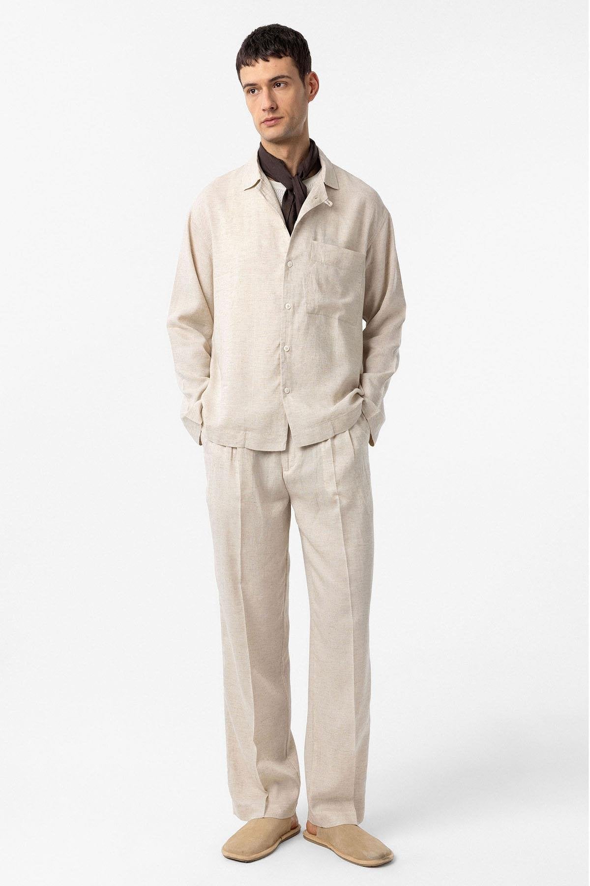 Antioch-Ekru Keten Karışımlı Relax Fit Erkek Gömlek-Gömlek-2-Milagron.com
