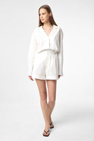 Antioch-Ekru Keten Karışımlı Şort Gömlek Kadın Takım-Alt - Üst Takım-3-Milagron.com