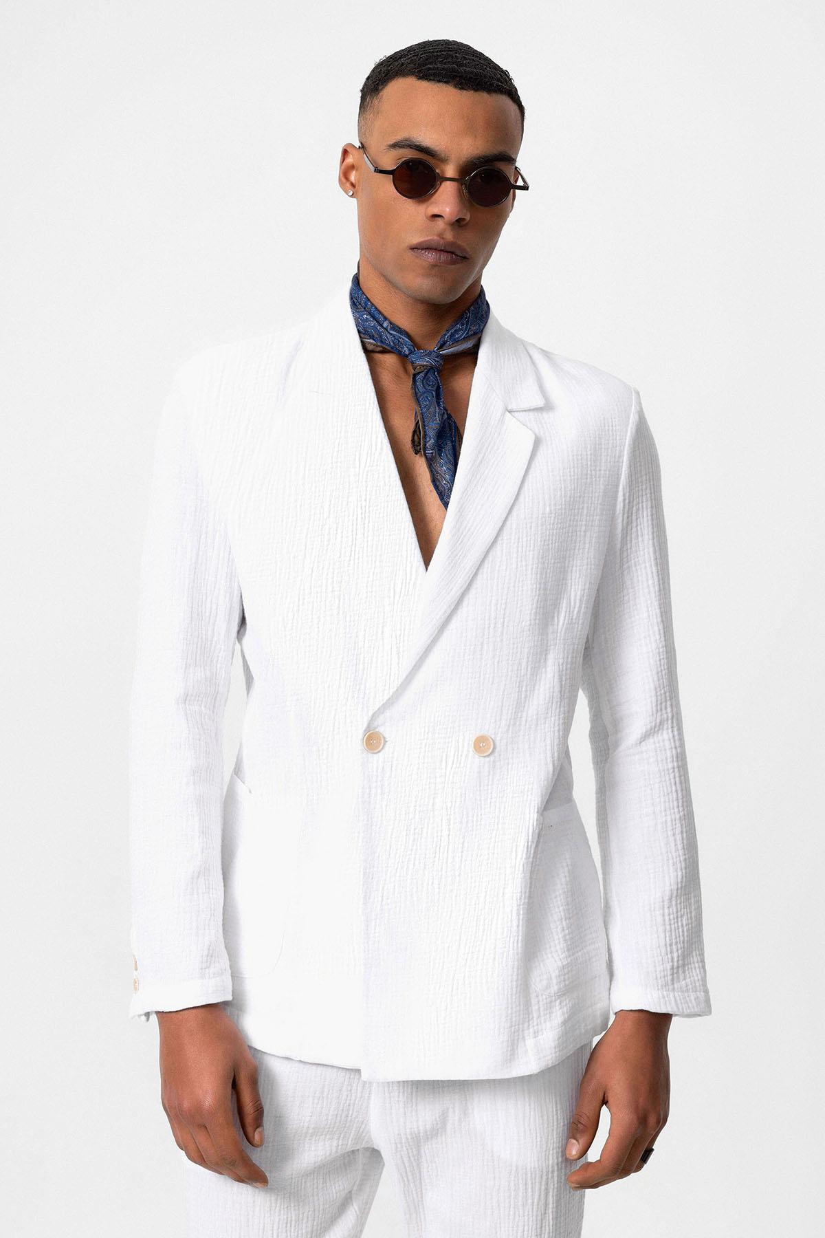 Antioch-Ekru Kruvaze Kapama Astarsız Erkek Blazer Ceket-Ceket-1-Milagron.com