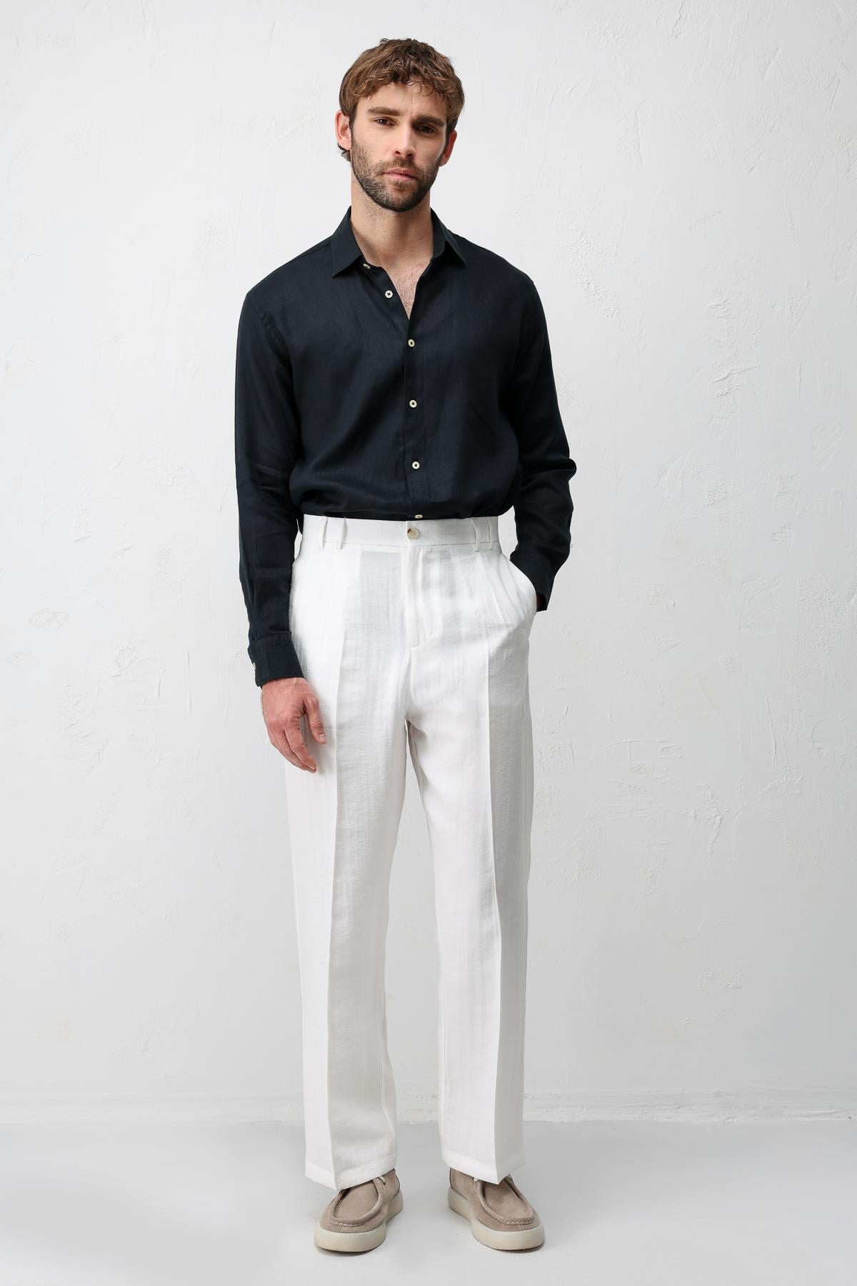 Antioch Ekru Lyocell Relaxed Fit Pileli Erkek Pantolon