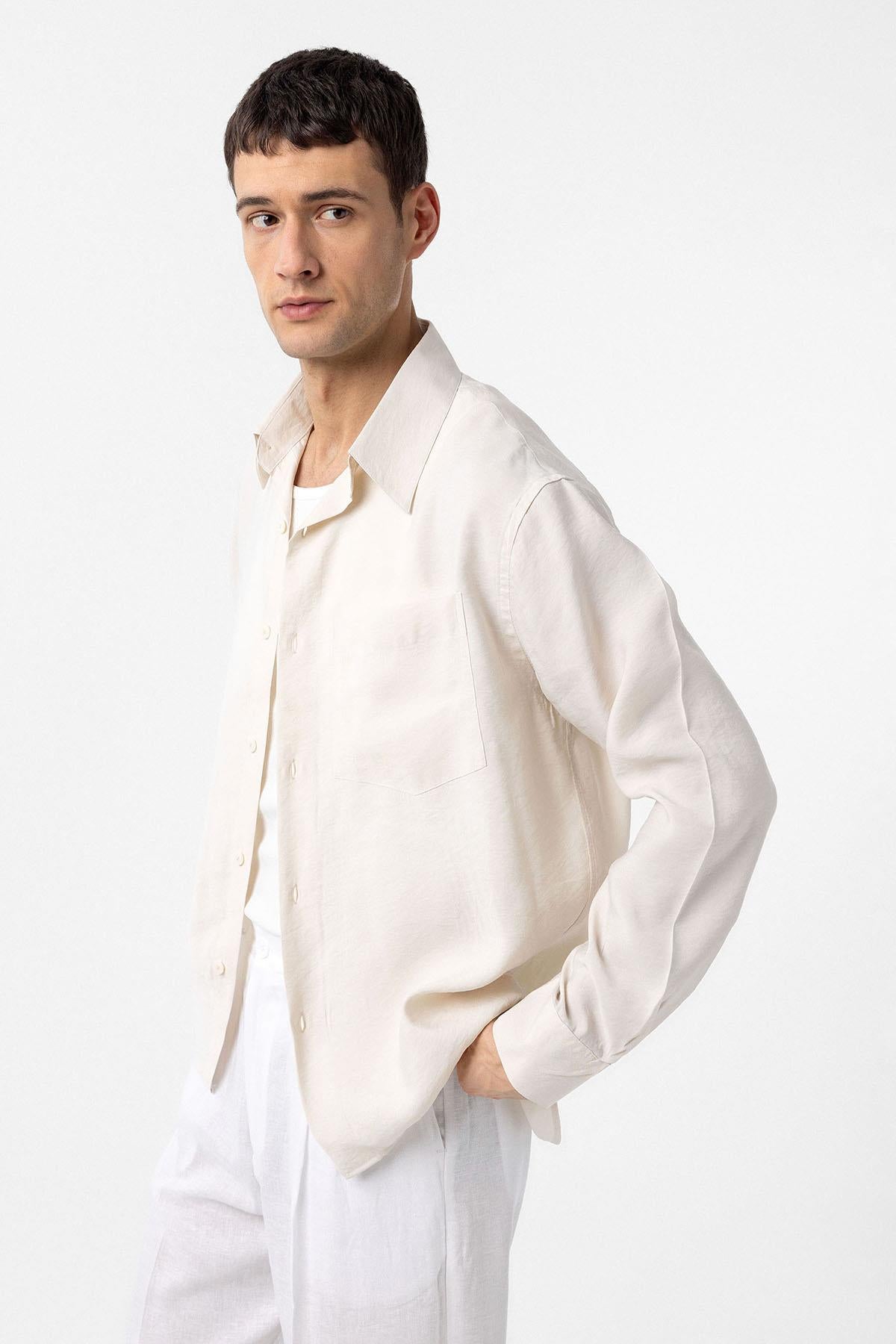 Antioch-Ekru Modal Kumaş Relax Fit Erkek Gömlek-Gömlek-3-Milagron.com