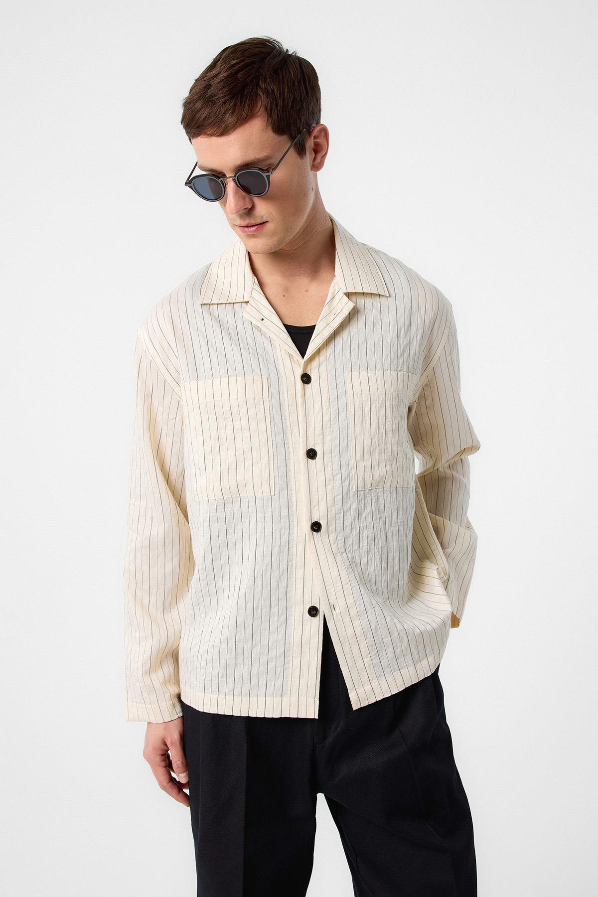 Antioch-Antioch Ekru Modal Kumaş çizgili Erkek Gömlek-Gömlek-3-Milagron.com