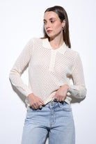 Antioch-Ekru Polo Yaka Desenli Triko Kadın Kazak-Kazak-2-Milagron.com