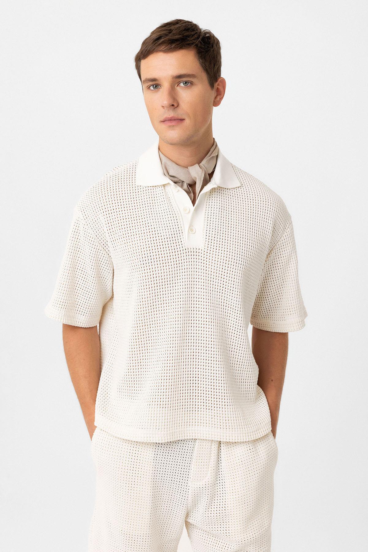 Antioch-Ekru Polo Yaka Dokulu Relaxed Erkek T Shirt-T-Shirts-1-Milagron.com