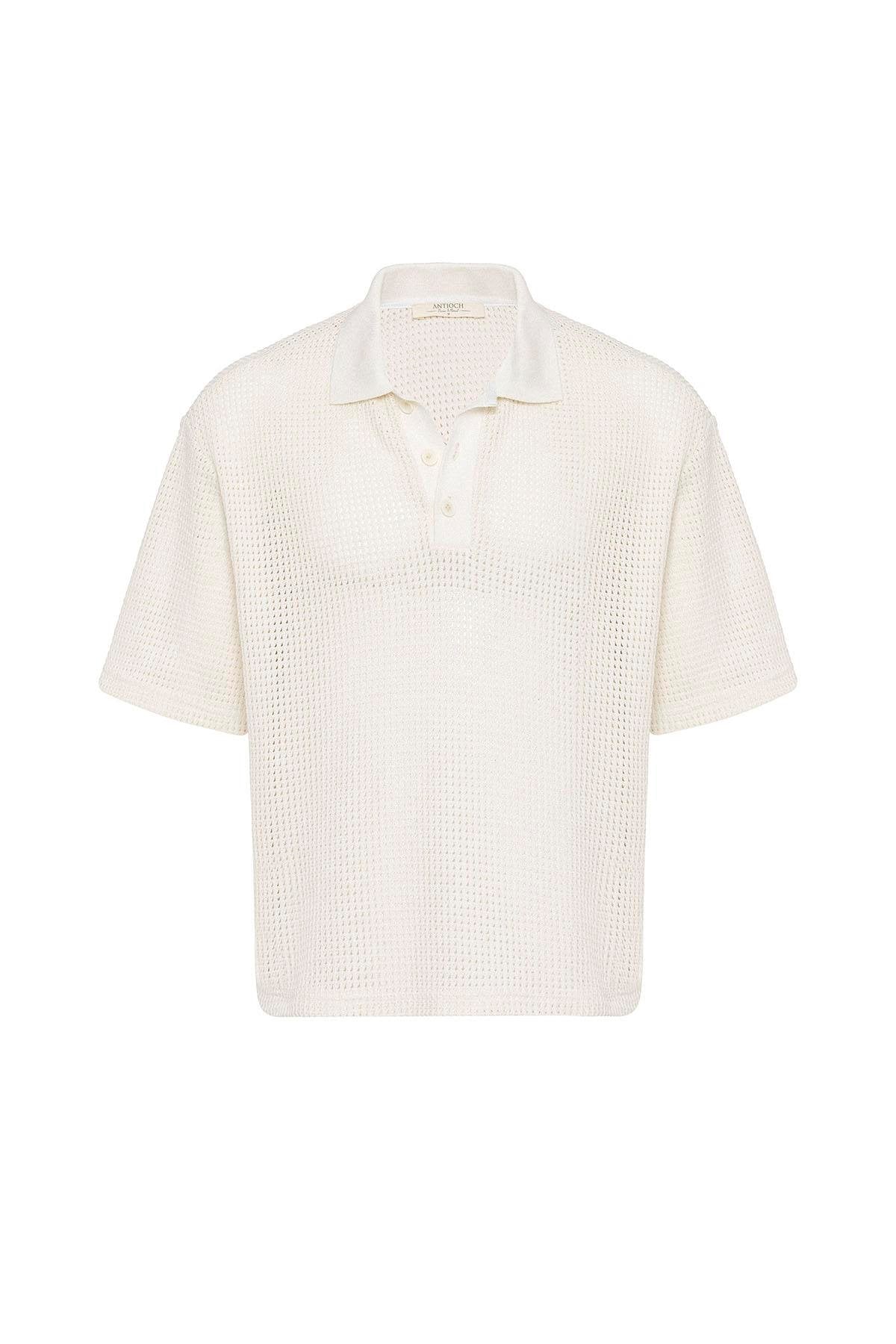 Antioch-Ekru Polo Yaka Dokulu Relaxed Erkek T Shirt-T-Shirts-5-Milagron.com