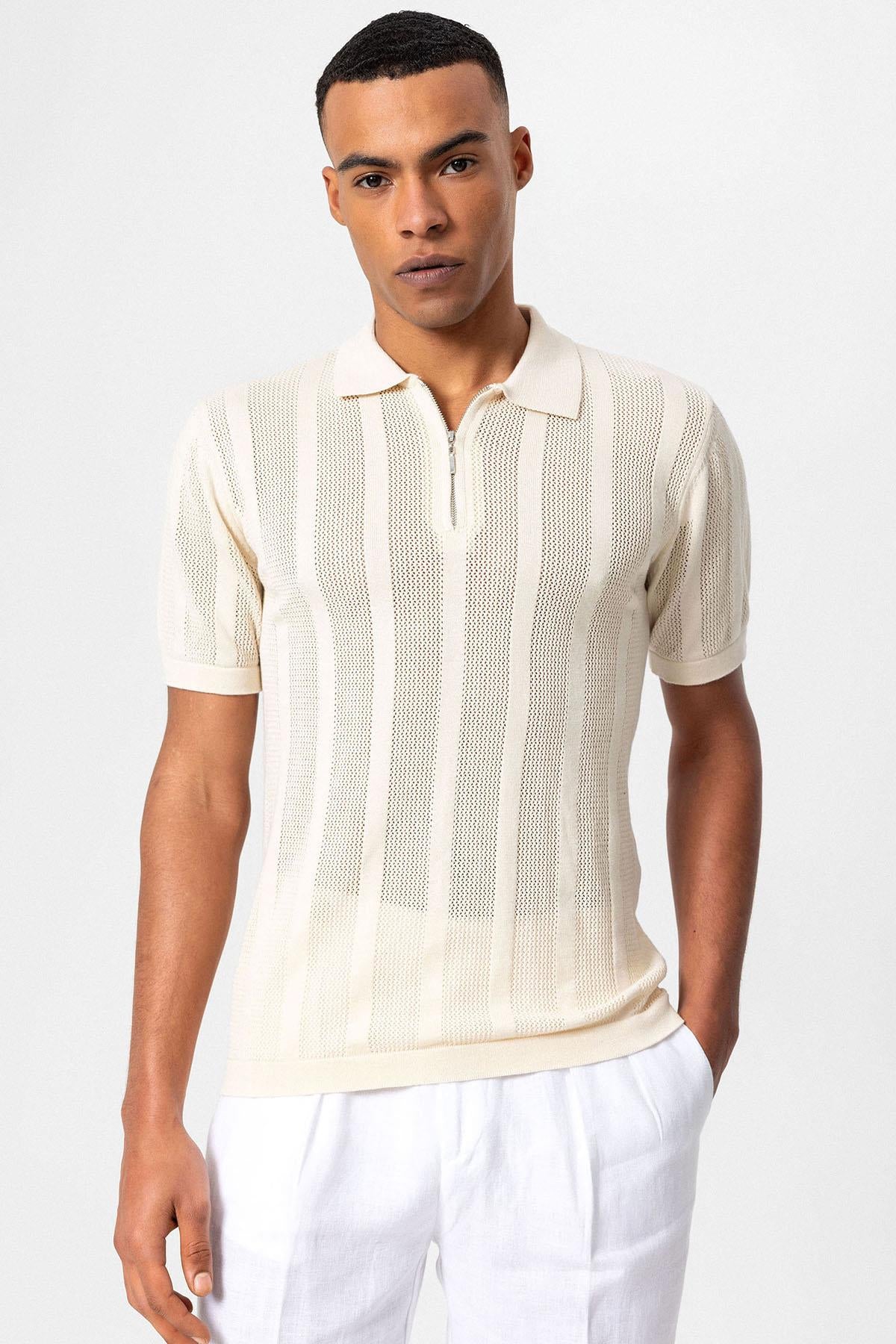 Antioch-Ekru Polo Yaka Fermuarlı Örme Erkek T Shirt-T-Shirts-4-Milagron.com