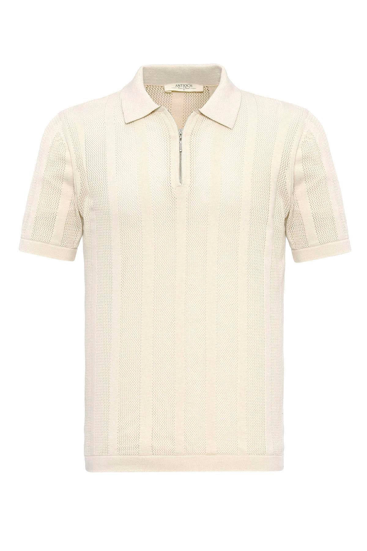 Antioch-Ekru Polo Yaka Fermuarlı Örme Erkek T Shirt-T-Shirts-7-Milagron.com