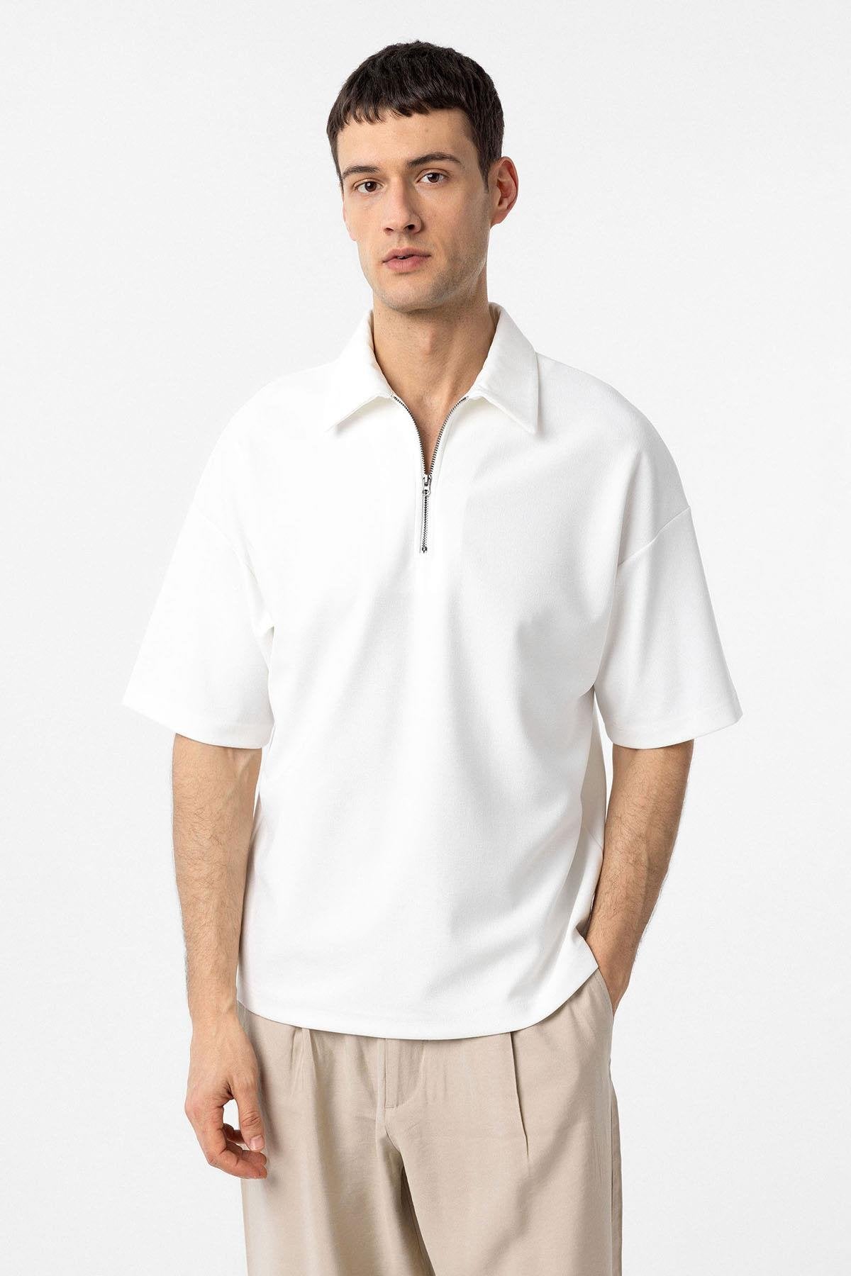 Antioch-Ekru Relax Fit Fermuarlı Polo Yaka Erkek T Shirt-T-Shirts-1-Milagron.com