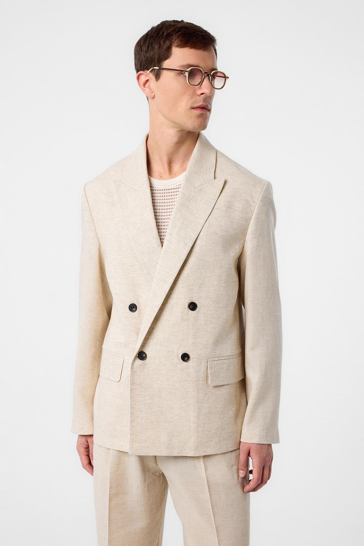 Antioch-Ekru Relax Fit Keten Karışımlı Erkek Blazer Ceket-Blazer Ceket-1-Milagron.com