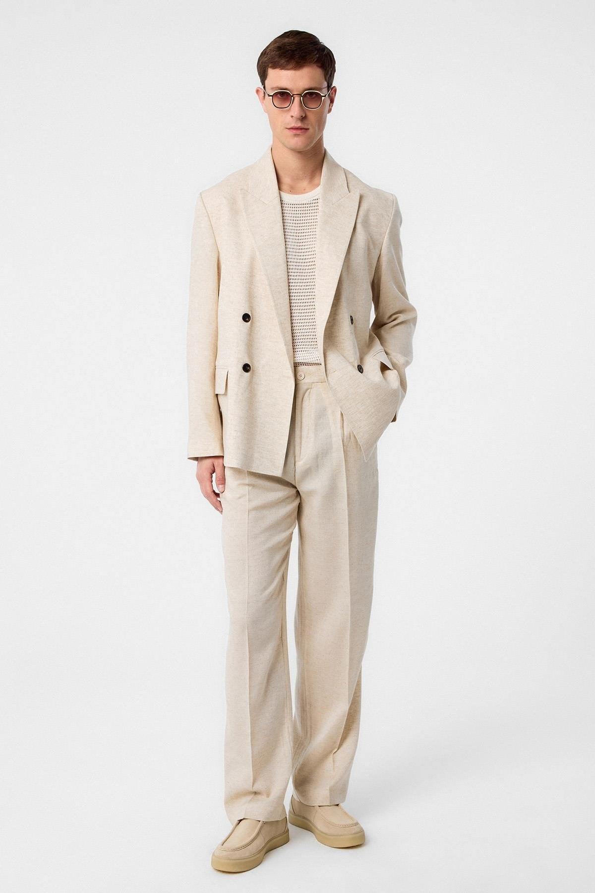 Antioch-Ekru Relax Fit Keten Karışımlı Erkek Blazer Ceket-Blazer Ceket-2-Milagron.com