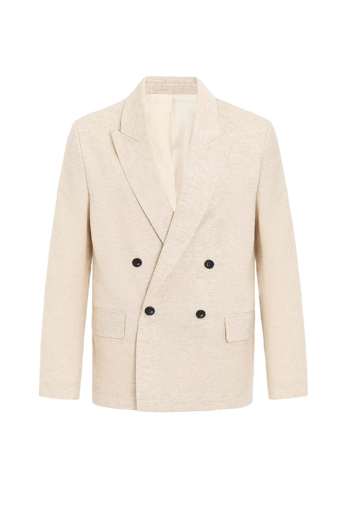 Antioch-Ekru Relax Fit Keten Karışımlı Erkek Blazer Ceket-Blazer Ceket-6-Milagron.com