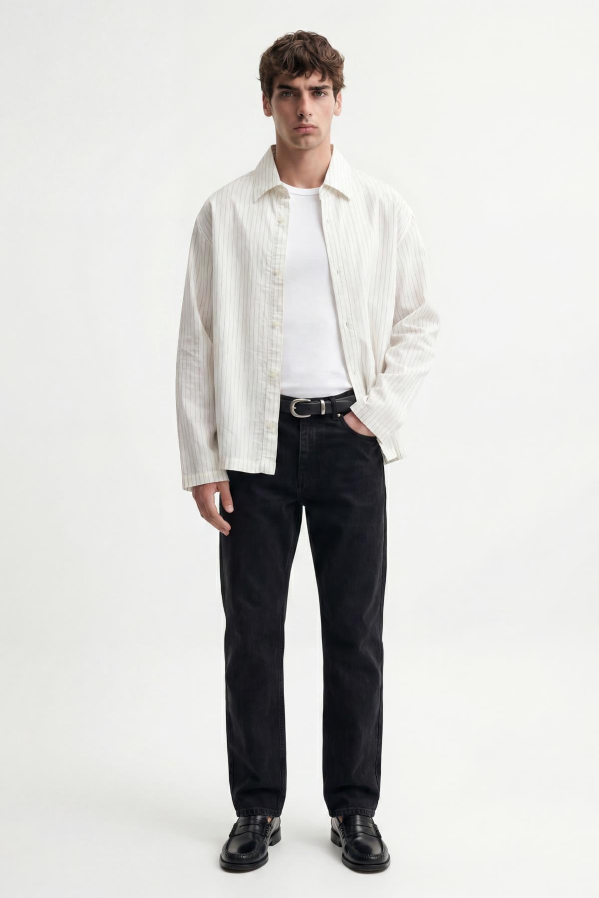 Antioch Ekru Relaxed Fit Çizgili Erkek Gömlek