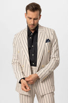 Antioch-Ekru Siyah Keten Karışımlı Kruvaze Kapama Erkek Blazer Ceket-Ceket-2-Milagron.com