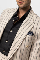 Antioch-Ekru Siyah Keten Karışımlı Kruvaze Kapama Erkek Blazer Ceket-Ceket-4-Milagron.com