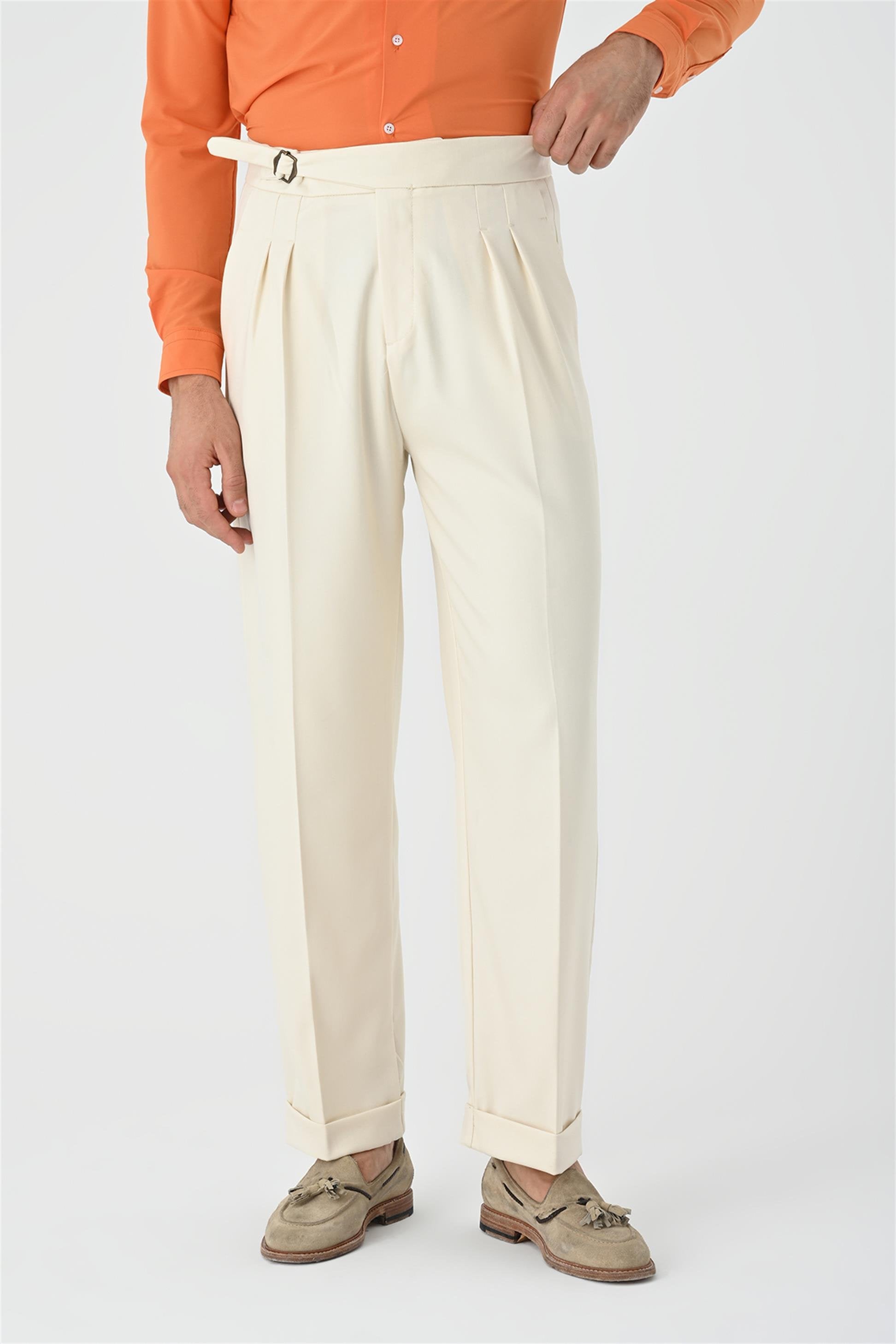 Antioch-Ekru Toka Detaylı Pileli Yüksek Bel Erkek Pantolon-Kumaş Pantolon-1-Milagron.com