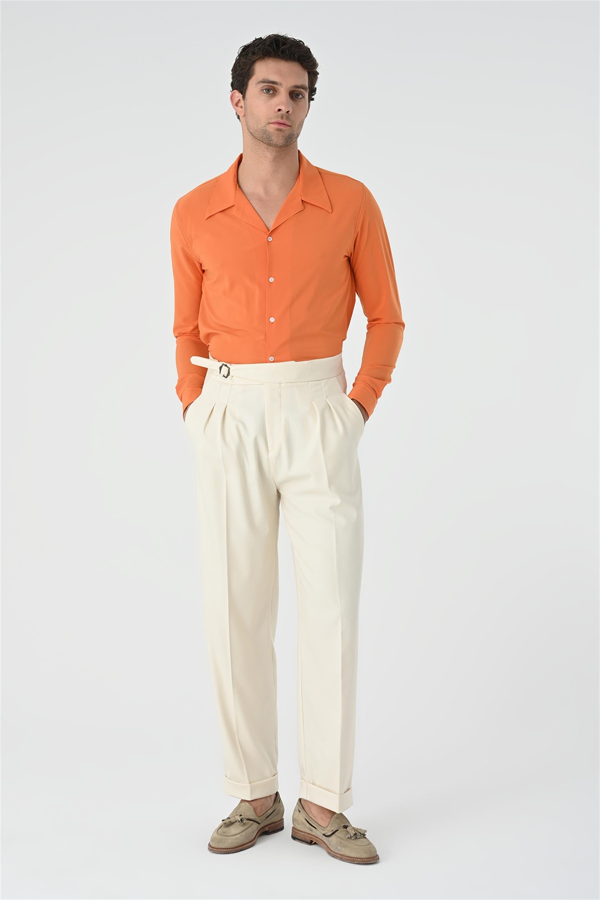 Antioch-Ekru Toka Detaylı Pileli Yüksek Bel Erkek Pantolon-Kumaş Pantolon-3-Milagron.com