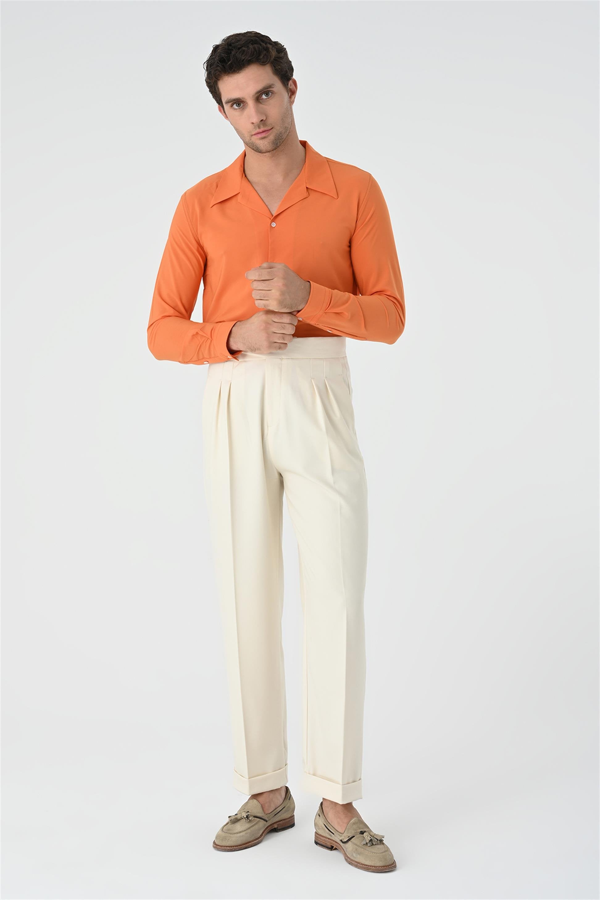 Antioch-Ekru Toka Detaylı Pileli Yüksek Bel Erkek Pantolon-Kumaş Pantolon-5-Milagron.com