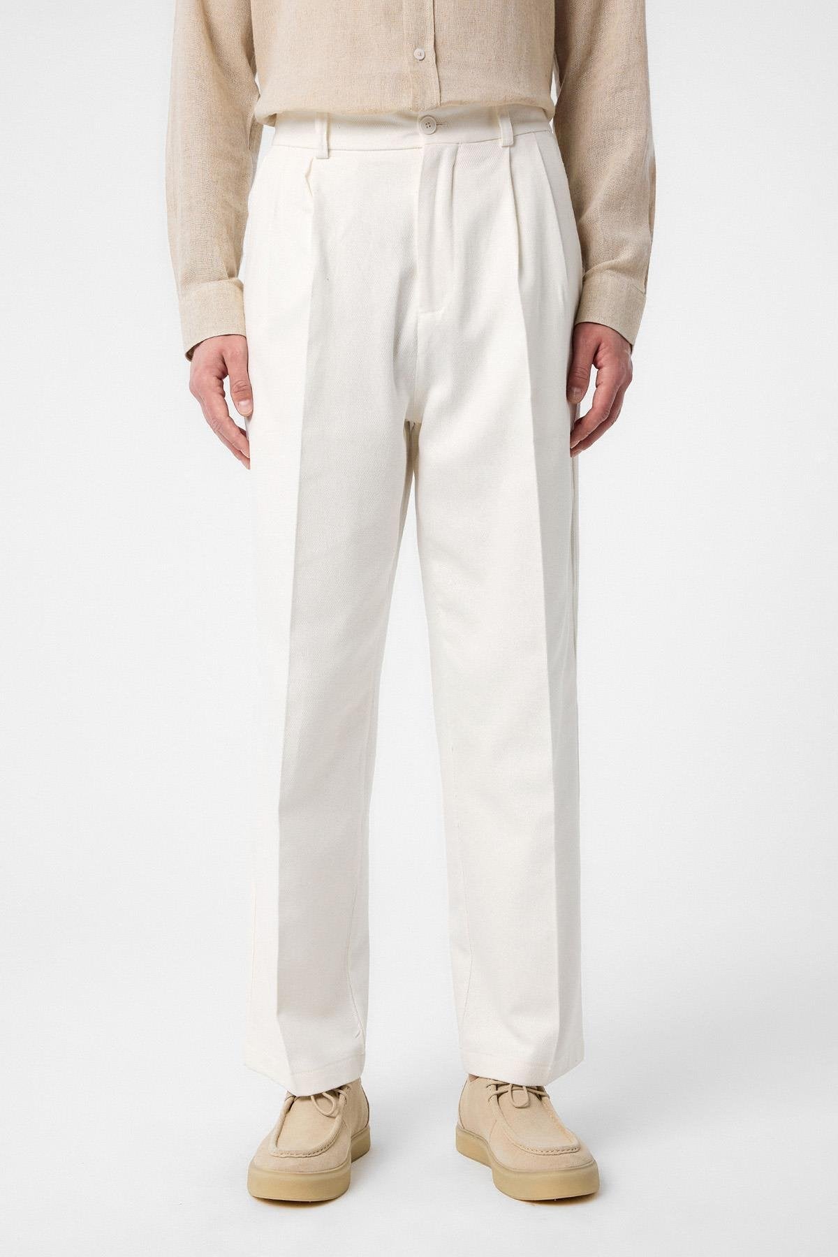 Antioch-Ekru Yüksek Bel Pamuklu Erkek Pantolon-Kumaş Pantolon-1-Milagron.com