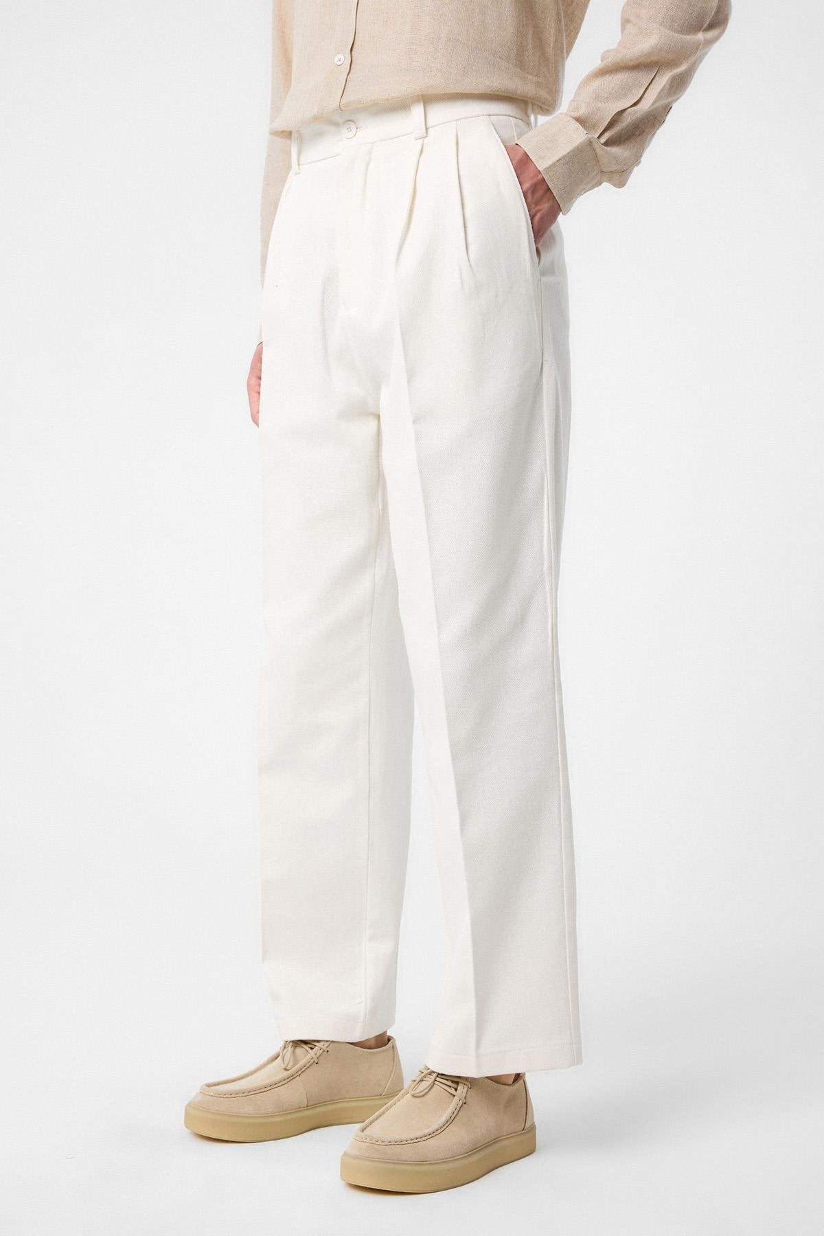 Antioch-Ekru Yüksek Bel Pamuklu Erkek Pantolon-Kumaş Pantolon-2-Milagron.com