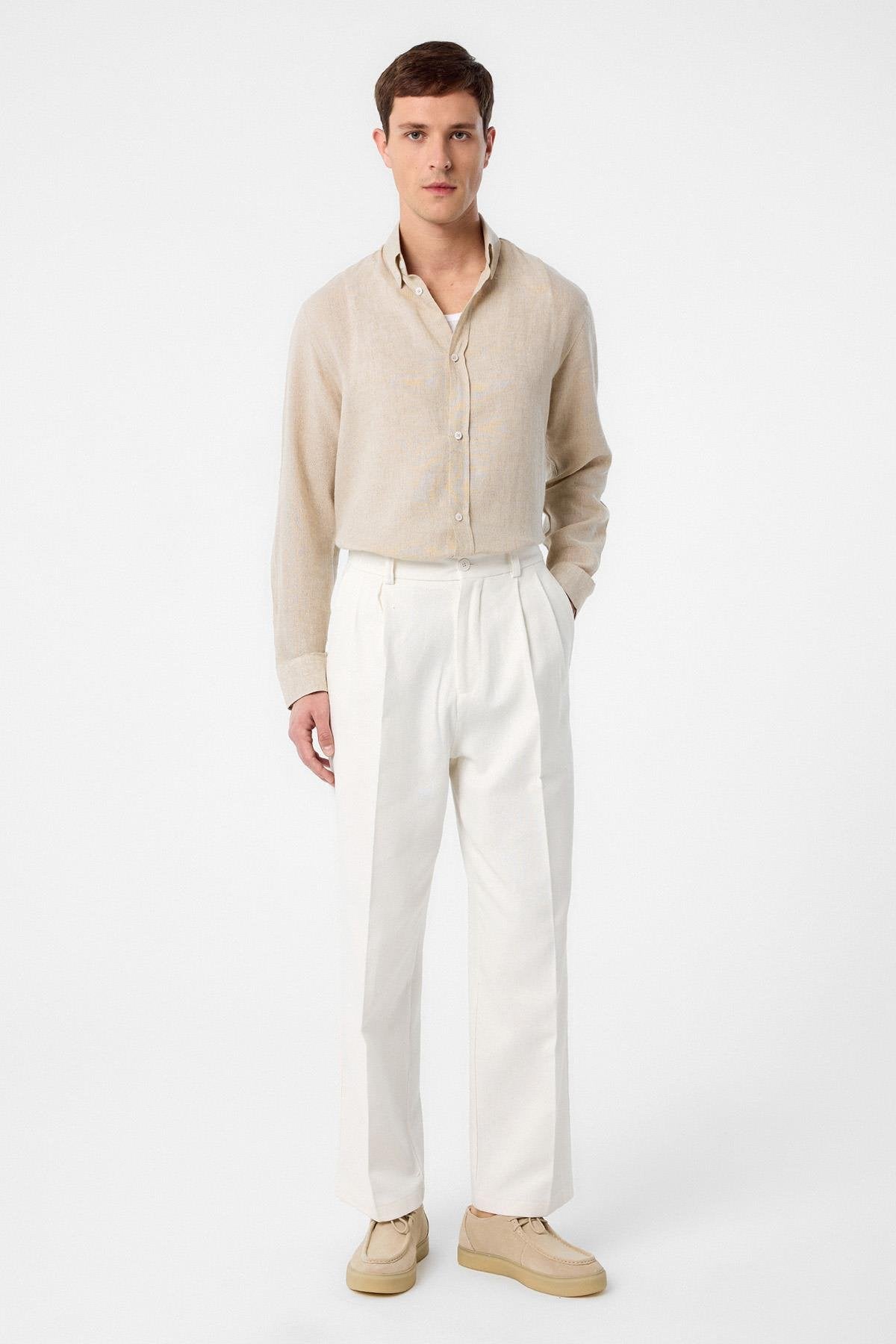 Antioch-Ekru Yüksek Bel Pamuklu Erkek Pantolon-Kumaş Pantolon-3-Milagron.com