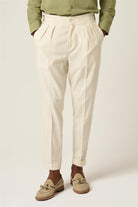 Antioch-Ekru Yüksek Bel Pileli Keten Erkek Pantolon-Kumaş Pantolon-2-Milagron.com