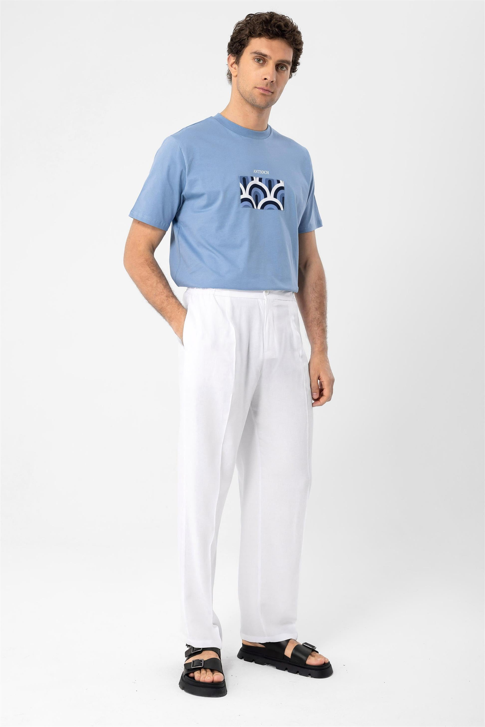 Antioch-Ekru Yüksek Bel Pileli Keten Karışımlı Erkek Pantolon-Pantolon-2-Milagron.com