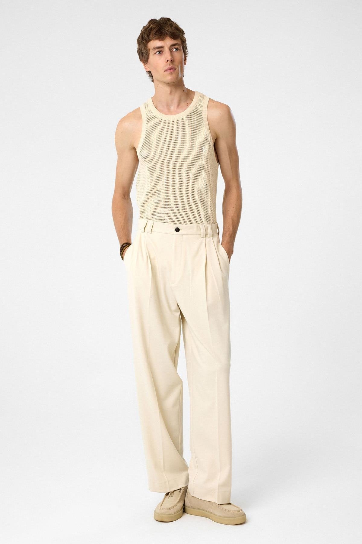 Antioch-Ekru Yüksel Bel Relax Fit Pileli Erkek Pantolon-Kumaş Pantolon-2-Milagron.com