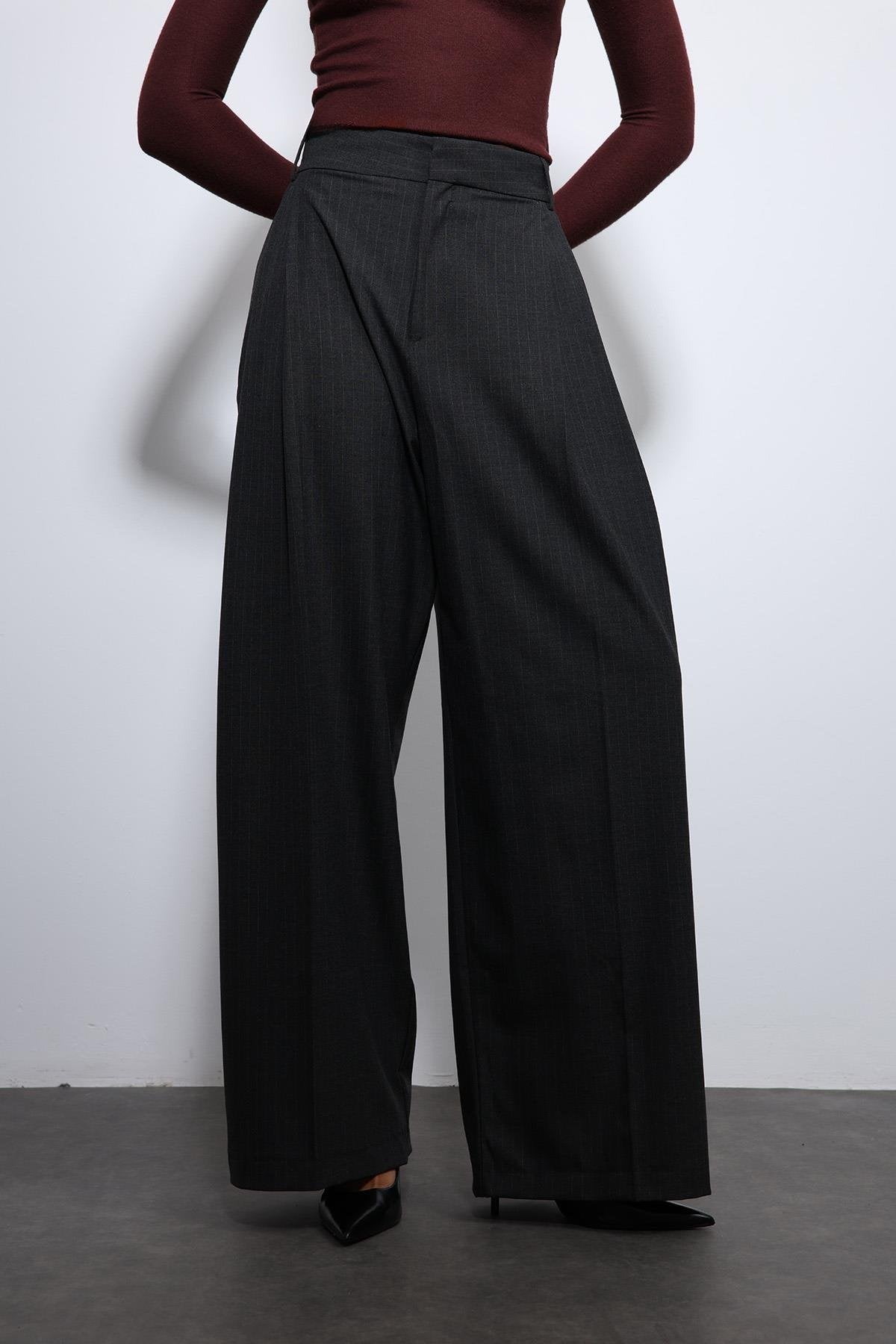 Antioch-Füme çizgili Geniş Paça Pantolon-Kumaş Pantolon-4-Milagron.com