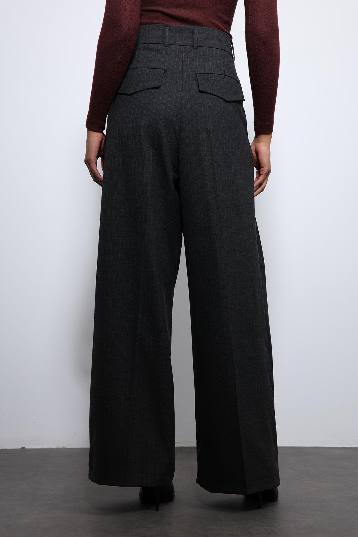 Antioch-Füme çizgili Geniş Paça Pantolon-Kumaş Pantolon-6-Milagron.com