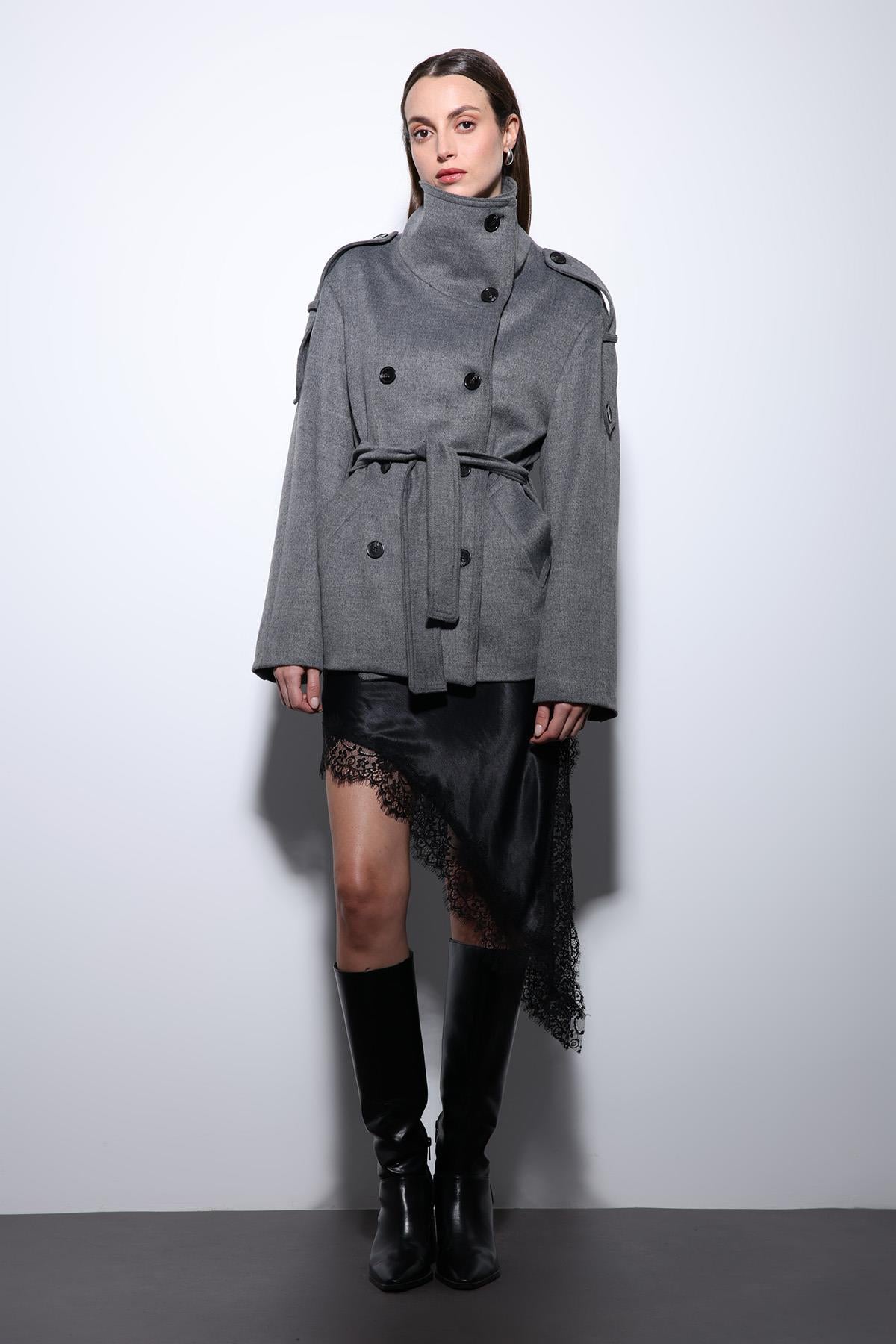 Antioch-Gri Dik Yaka Kruvaze Kadın Kaban-Kaban-2-Milagron.com