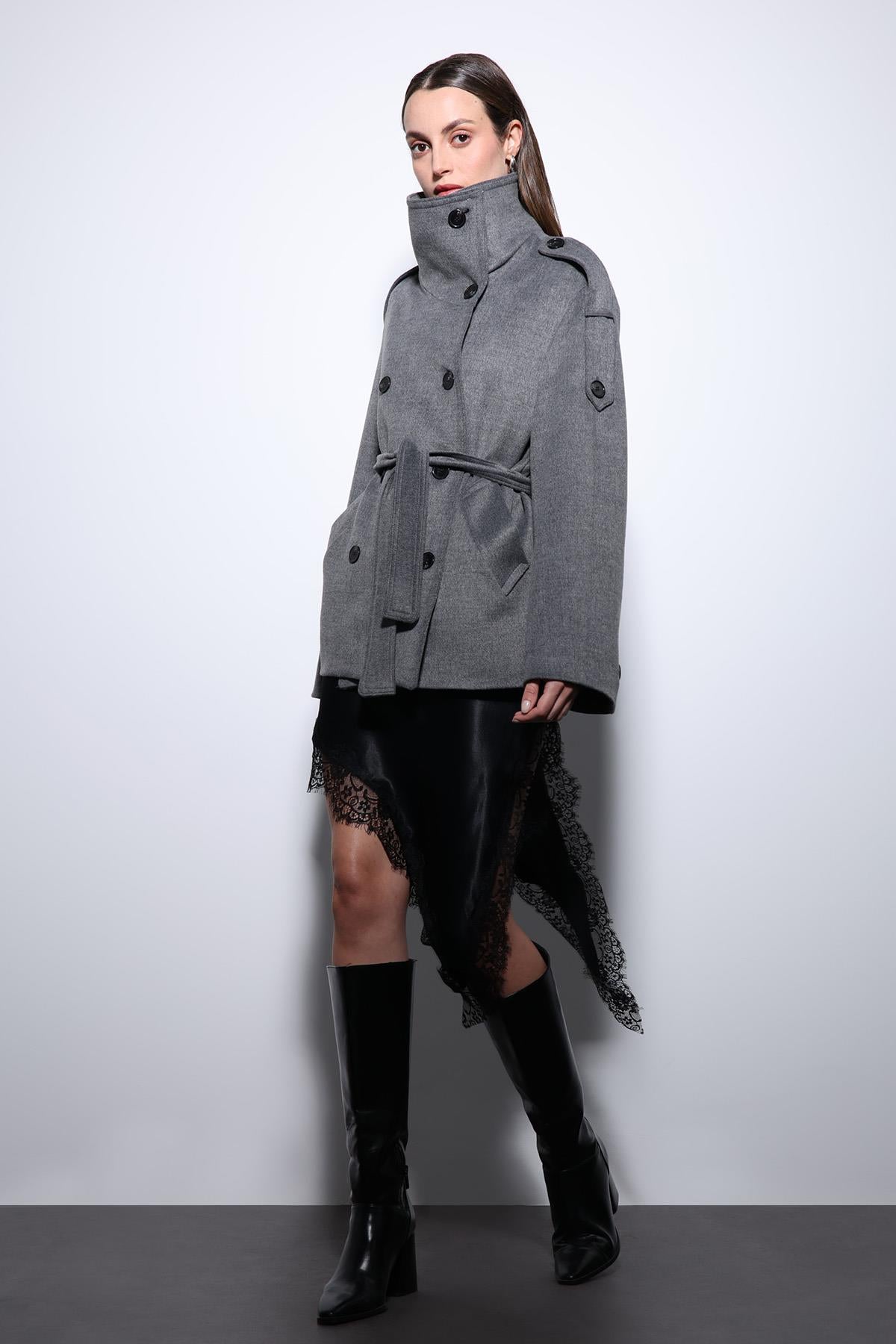 Antioch-Gri Dik Yaka Kruvaze Kadın Kaban-Kaban-5-Milagron.com