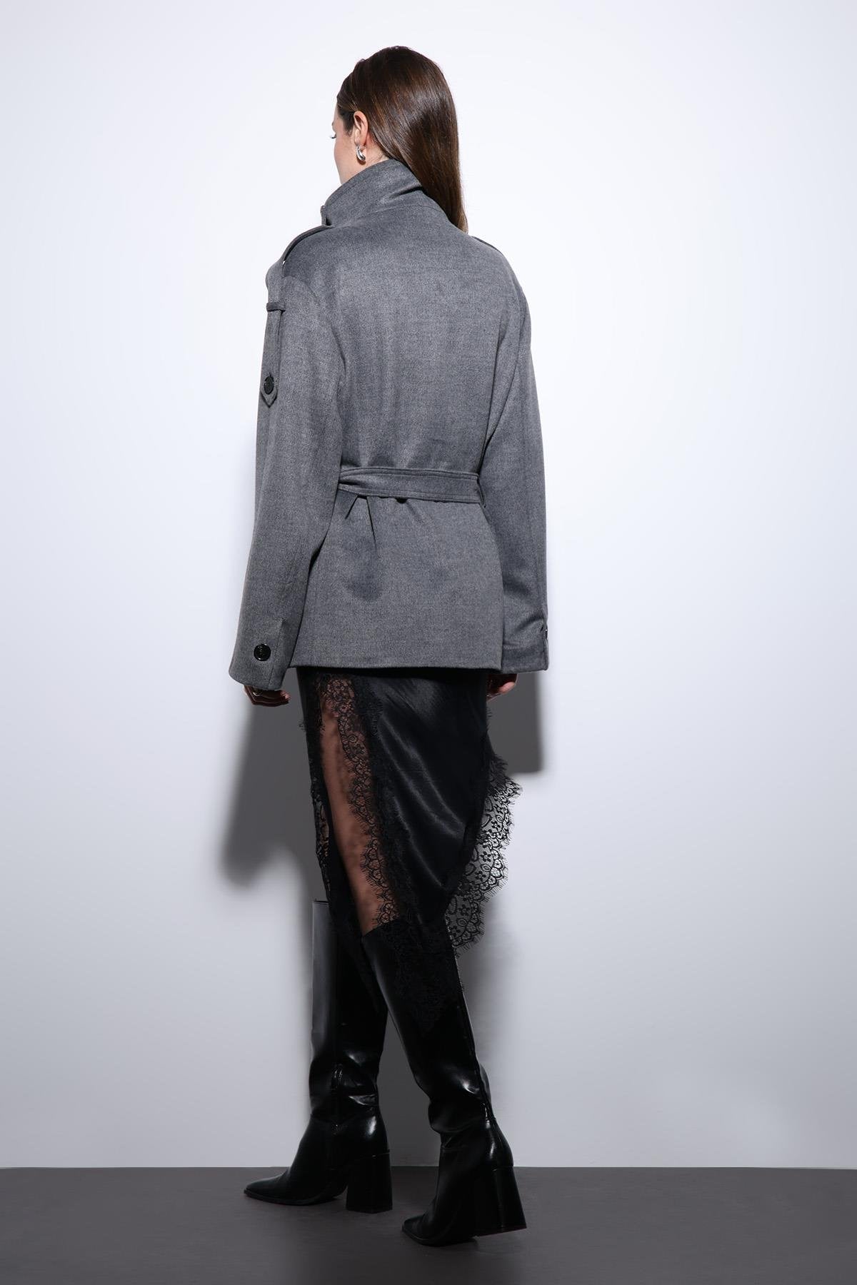 Antioch-Gri Dik Yaka Kruvaze Kadın Kaban-Kaban-9-Milagron.com