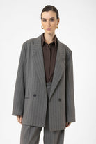 Antioch-Gri Kadın Çizgili Oversize Blazer Ceket-Ceket-5-Milagron.com