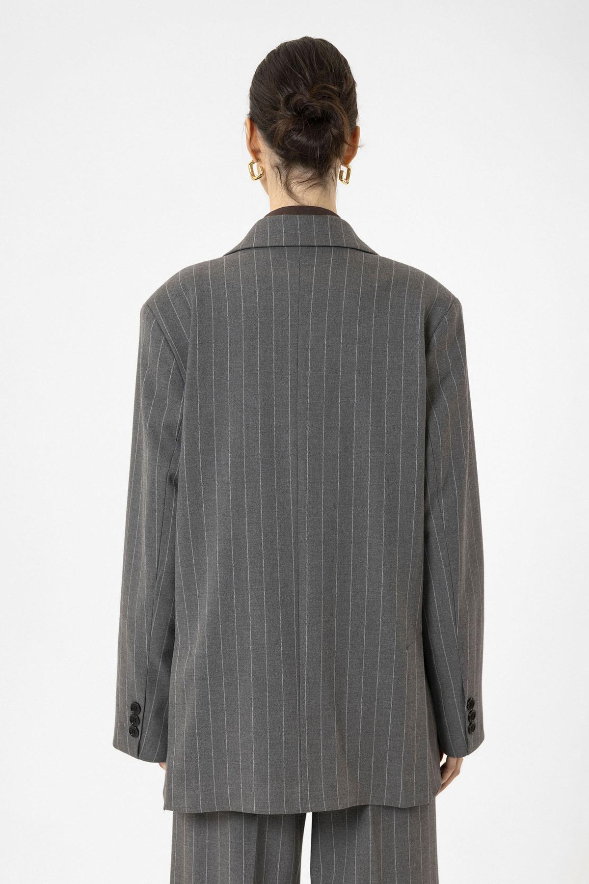 Antioch-Gri Kadın Çizgili Oversize Blazer Ceket-Ceket-7-Milagron.com