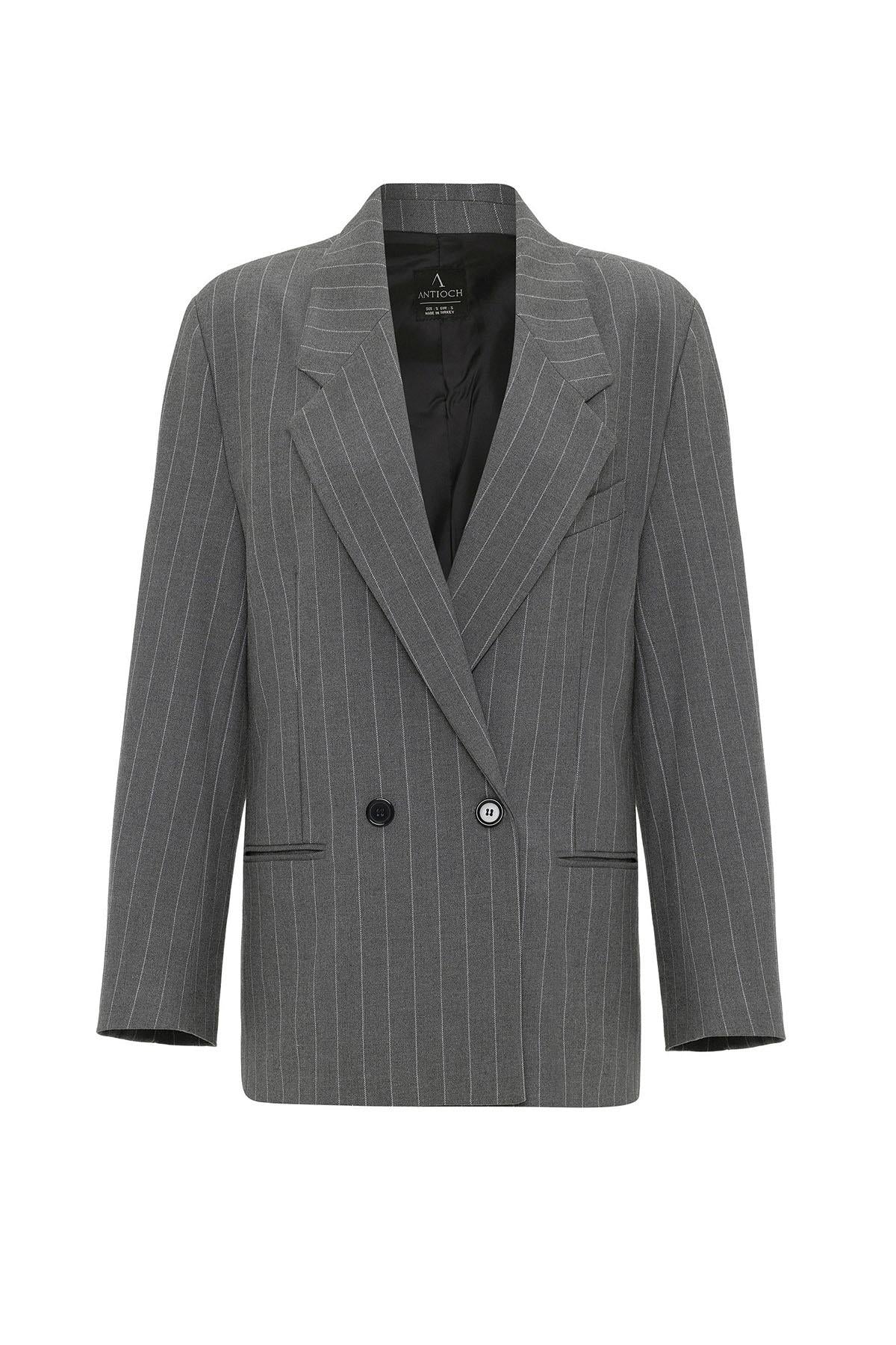 Antioch-Gri Kadın Çizgili Oversize Blazer Ceket-Ceket-8-Milagron.com