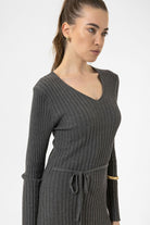 Antioch-Gri Kadın Fitilli Midi Triko Elbise-Elbise-4-Milagron.com