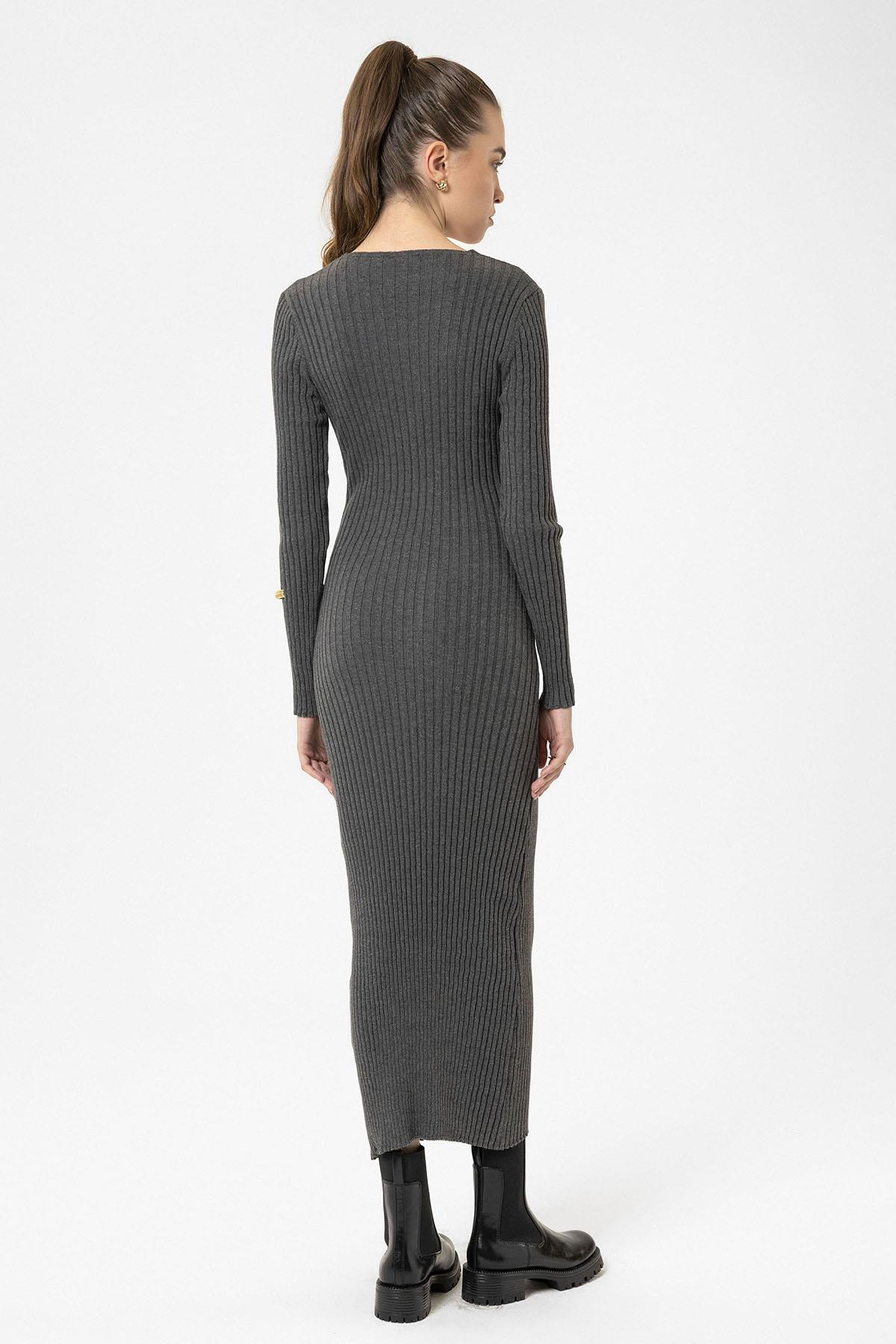 Antioch-Gri Kadın Fitilli Midi Triko Elbise-Elbise-6-Milagron.com