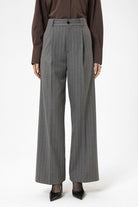Antioch-Gri Kadın Yüksek Bel Pileli Çizgili Pantolon-Kumaş Pantolon-1-Milagron.com