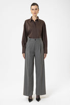 Antioch-Gri Kadın Yüksek Bel Pileli Çizgili Pantolon-Kumaş Pantolon-2-Milagron.com