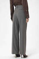 Antioch-Gri Kadın Yüksek Bel Pileli Çizgili Pantolon-Kumaş Pantolon-6-Milagron.com