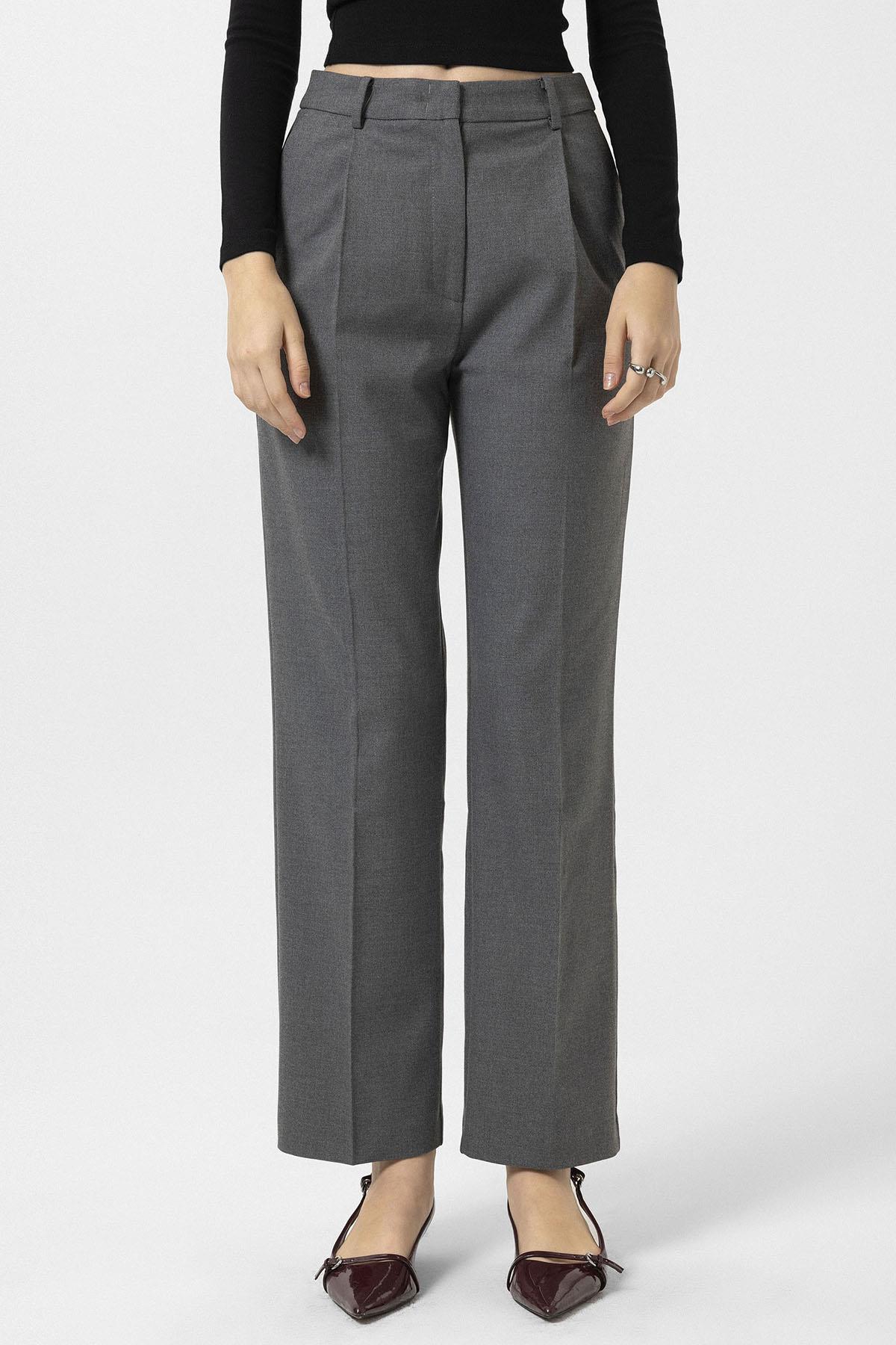 Antioch-Gri Kadın Yüksek Bel Pileli Pantolon-Kumaş Pantolon-1-Milagron.com