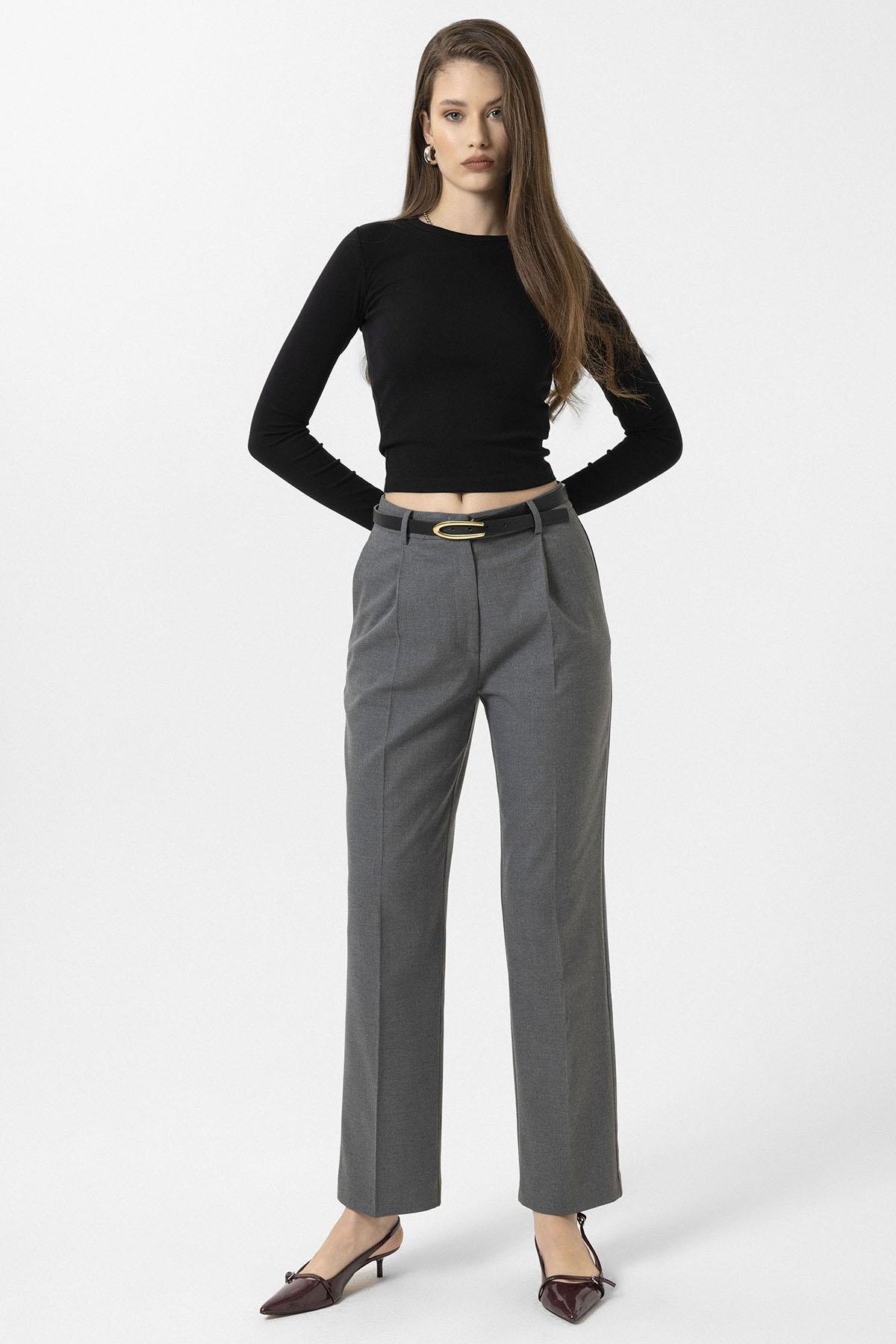 Antioch-Gri Kadın Yüksek Bel Pileli Pantolon-Kumaş Pantolon-2-Milagron.com
