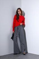 Antioch-Antioch Gri Kemerli Pileli Geniş Kadın Pantolon-Kumaş Pantolon-1-Milagron.com