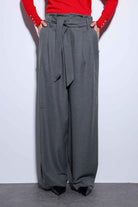 Antioch-Antioch Gri Kemerli Pileli Geniş Kadın Pantolon-Kumaş Pantolon-3-Milagron.com