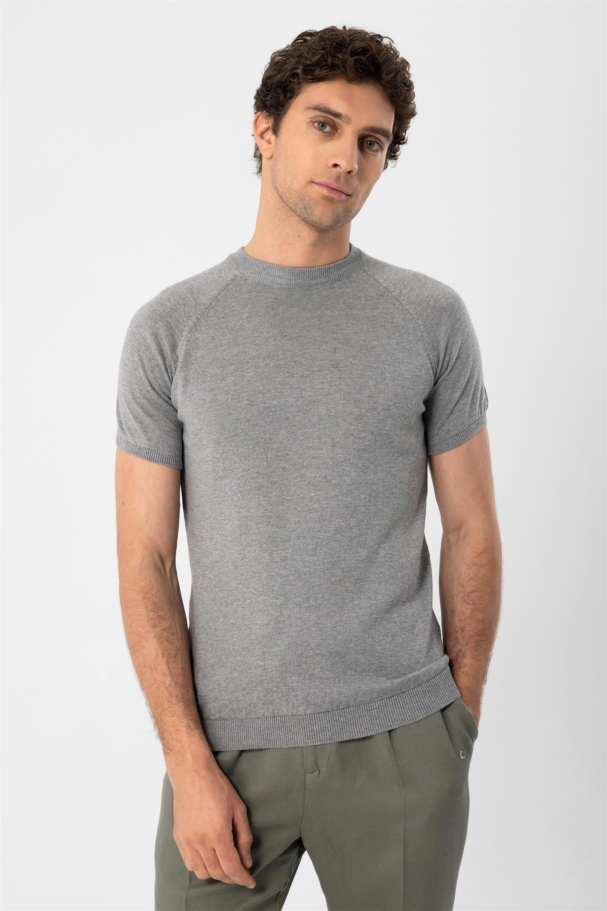Antioch-Gri Melanj Bisiklet Yaka Triko T Shirt-Kazak & Triko-3-Milagron.com