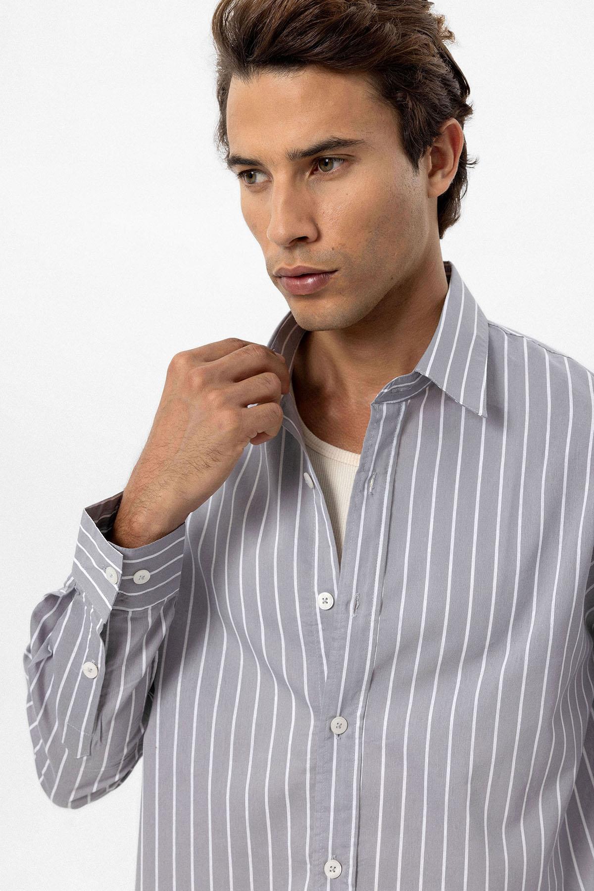 Antioch-Gri Oversize Çizgili Erkek Gömlek-Gömlek-4-Milagron.com