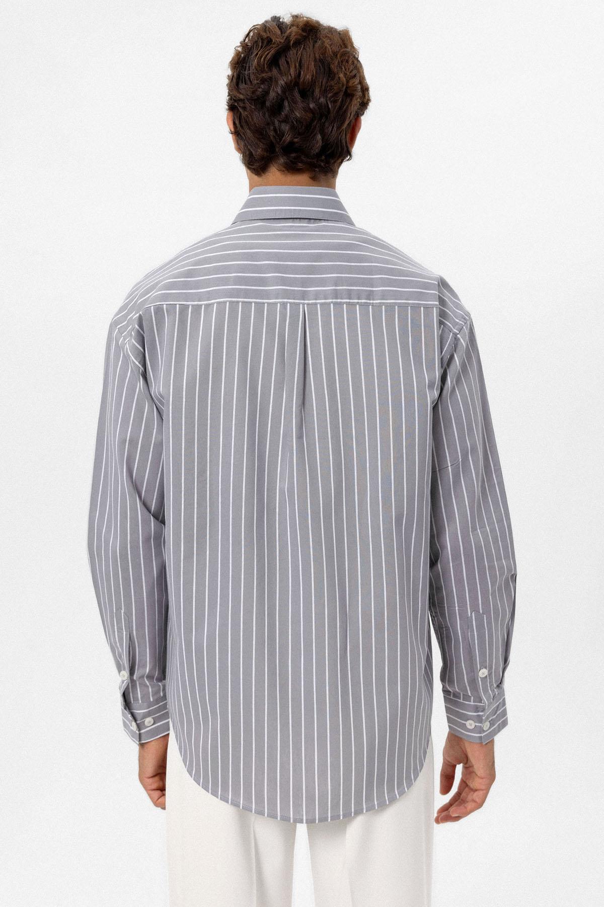 Antioch-Gri Oversize Çizgili Erkek Gömlek-Gömlek-5-Milagron.com